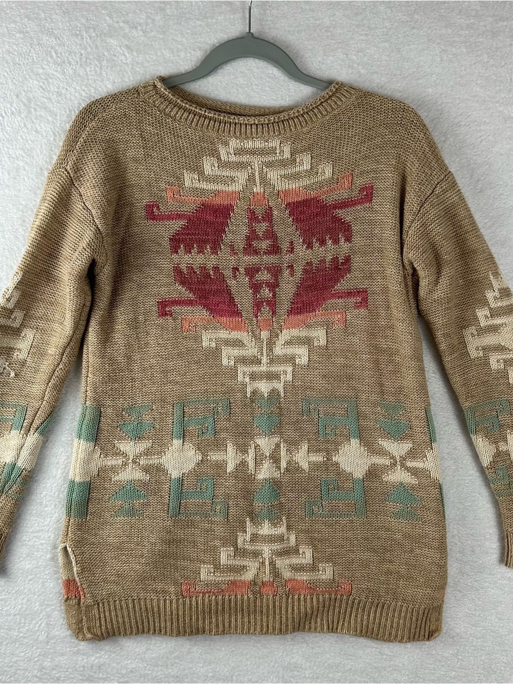 Ralph Lauren Tan Aztec-Pattern Crewneck Sweater with Coral & Teal Accents